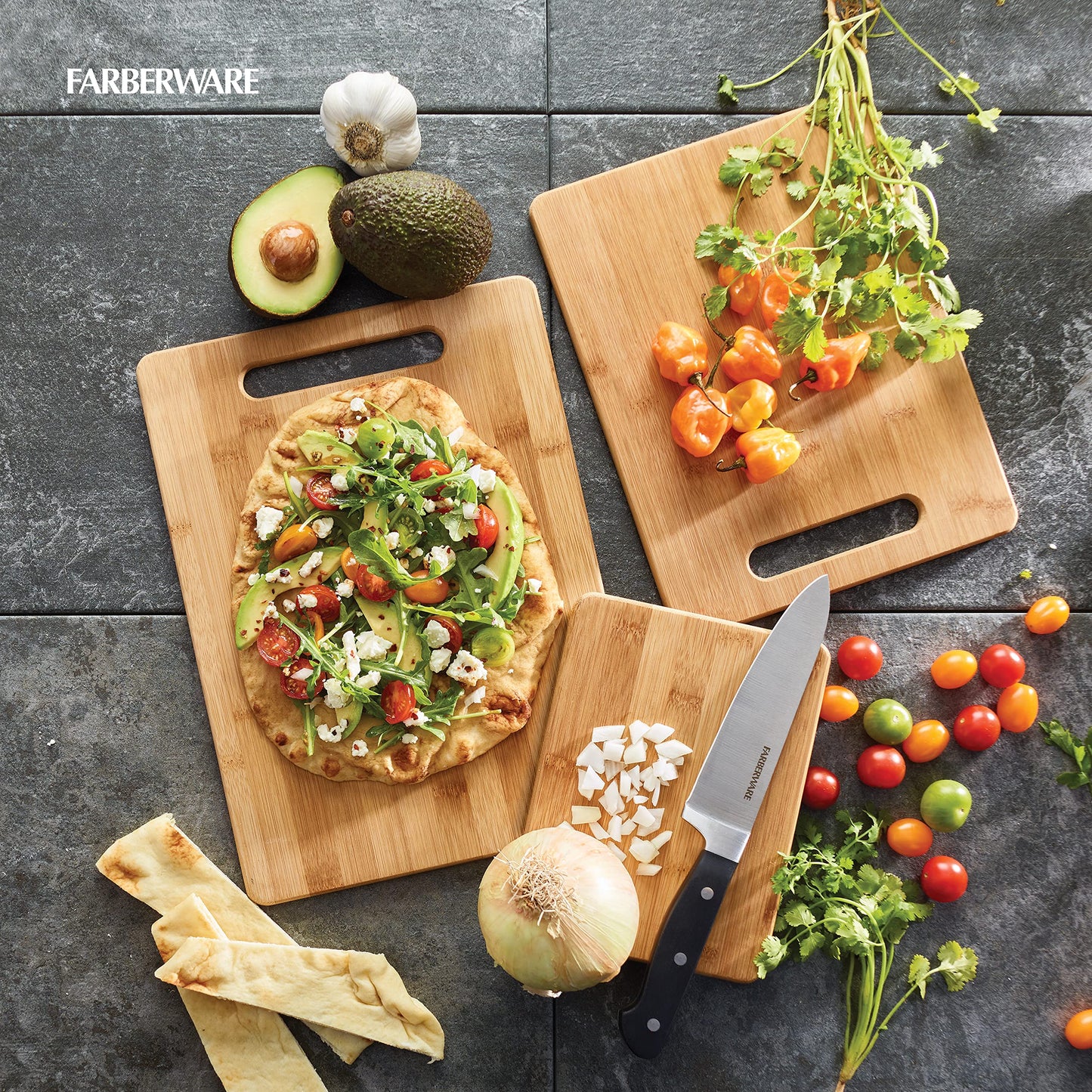 Farberware 4-Piece Kitchen Reversible Chopping Boards for Meal Prep and Serving, Charcuterie Board Set, Wood Cutting Boards, Assorted Sizes, Bamboo