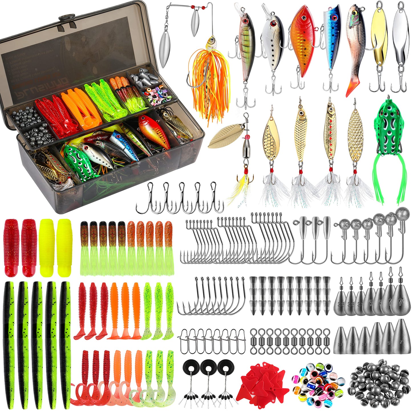 PLUSINNO 253/397pcs Fishing Accessories Kit, Fishing Tackle Box with Tackle Included, Fishing Hooks, Fishing Weights Sinkers, Spinner Blade, Fishing Gear for Bass, Bluegill, Crappie, Fishing