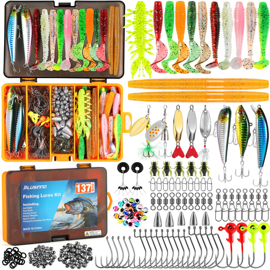 PLUSINNO Fishing Lures, 137Pcs Tackle Box with Tackle Included, Crankbaits, Spoon, Hooks, Weights & Other Accessories, Fishing Bait Lure Gear Kit Gift for Men Bass Freshwater