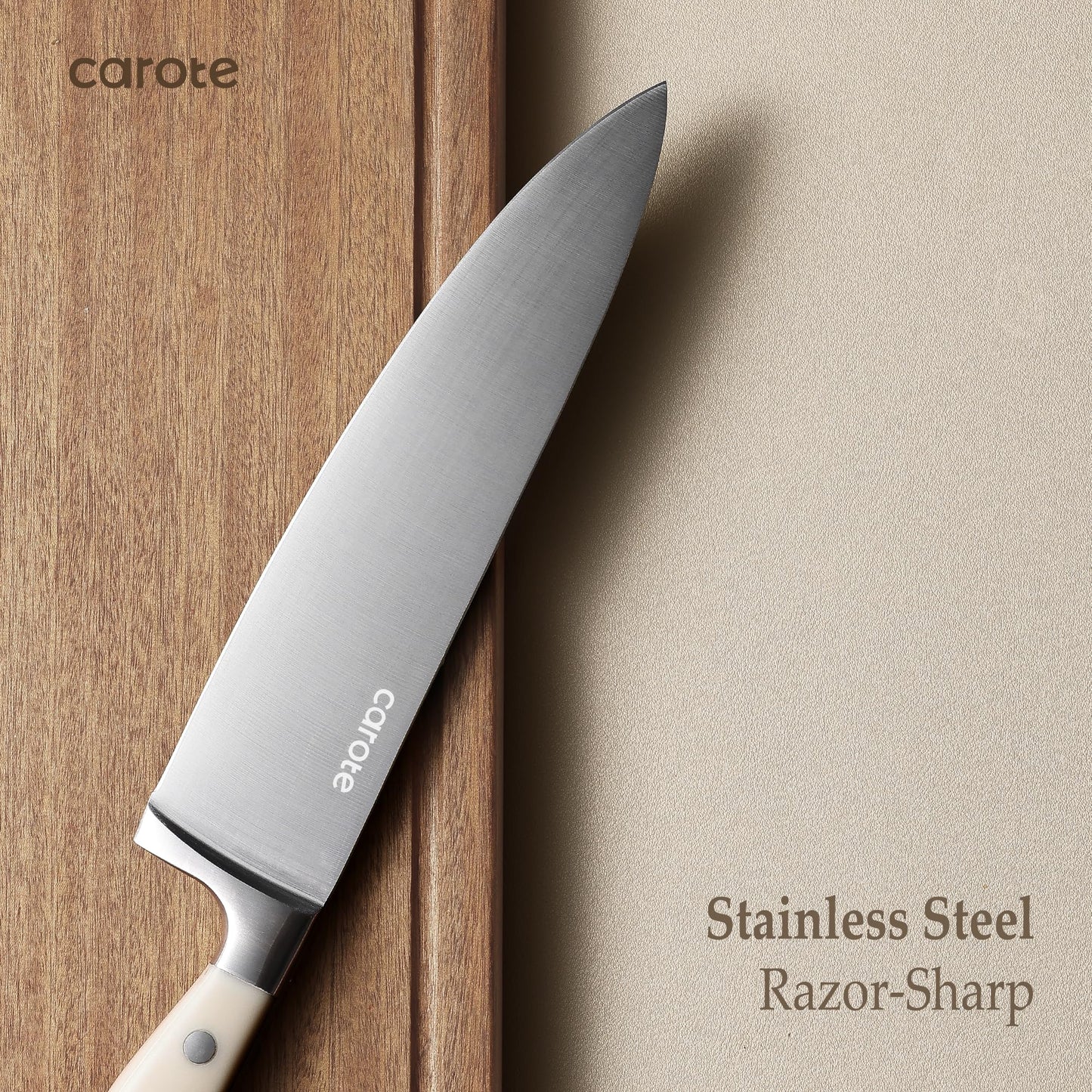 CAROTE 14 Pieces Knife Set with Block, Forged, High Carbon Stainless Steel Sharp Blade Block Knife Set, Dishwasher Safe Cutlery,Linen White