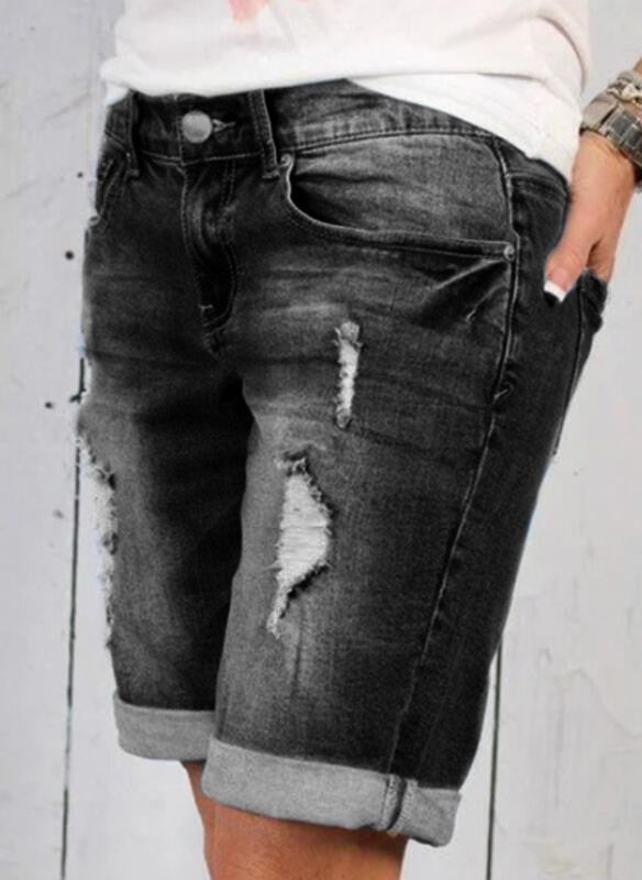 Ripped Cropped Pants Stretch Denim Middle Pants For Women