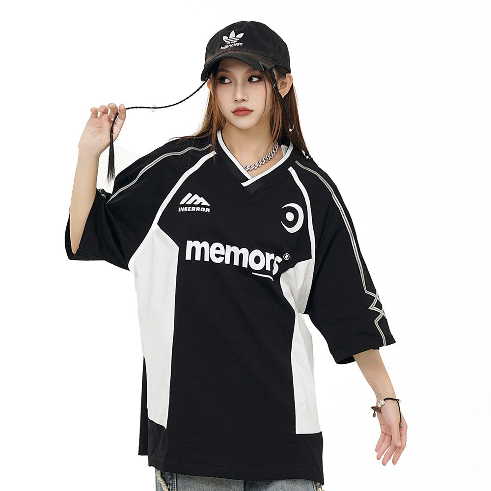 Color Contrast Patchwork Sports Style With Letters Short Sleeve