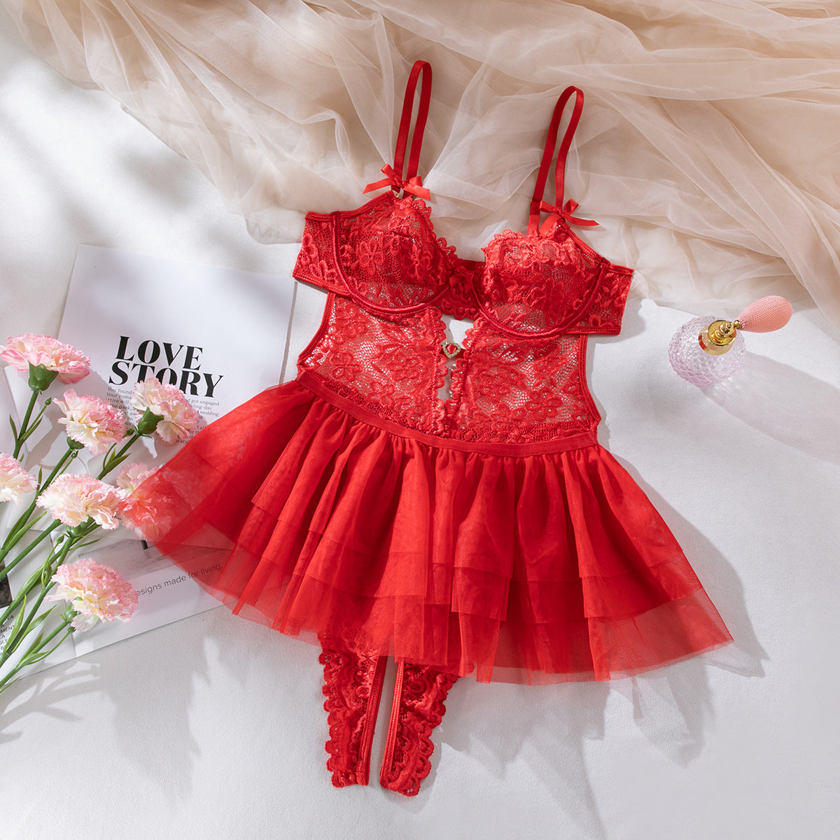 Cute Girly Style Heart-shaped Lace Dress Suit