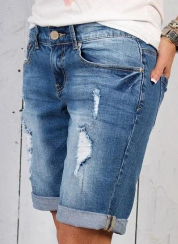 Ripped Cropped Pants Stretch Denim Middle Pants For Women