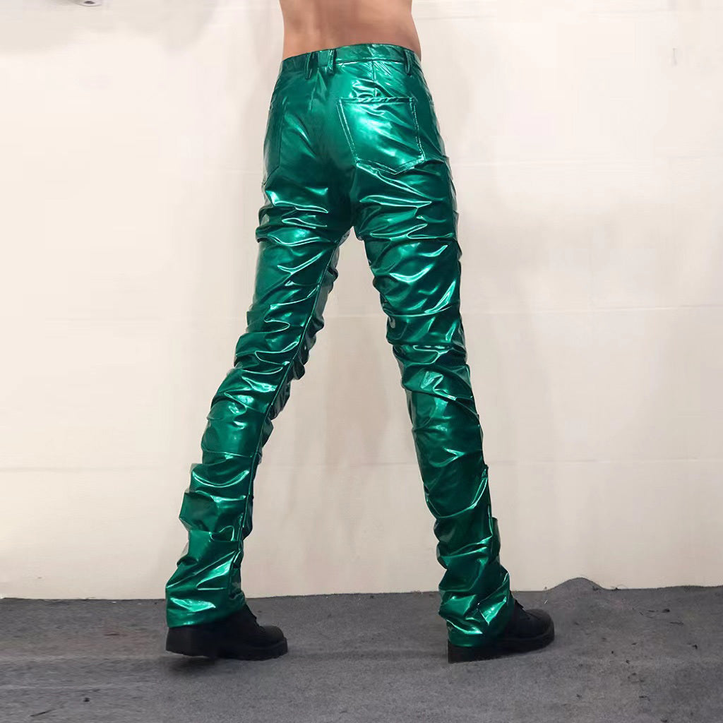 Bright Reflective Mirror Pleated Flare Leather Pants Sexy For Men