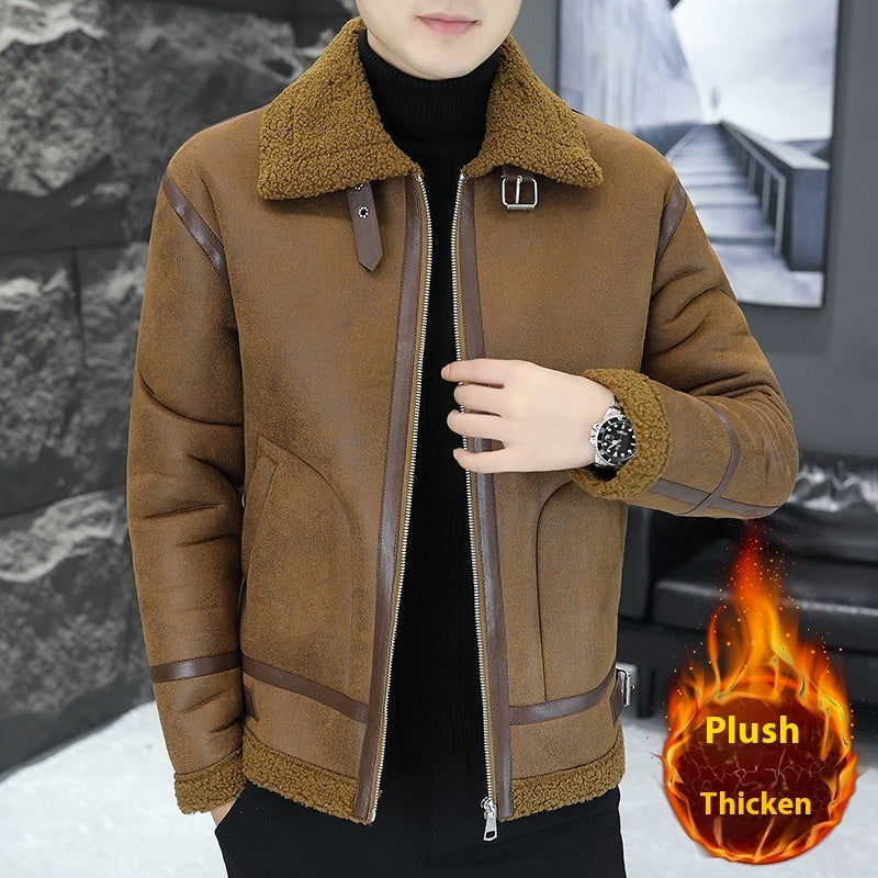 Men's Winter Fleece-lined Thick Suede Leather Jacket