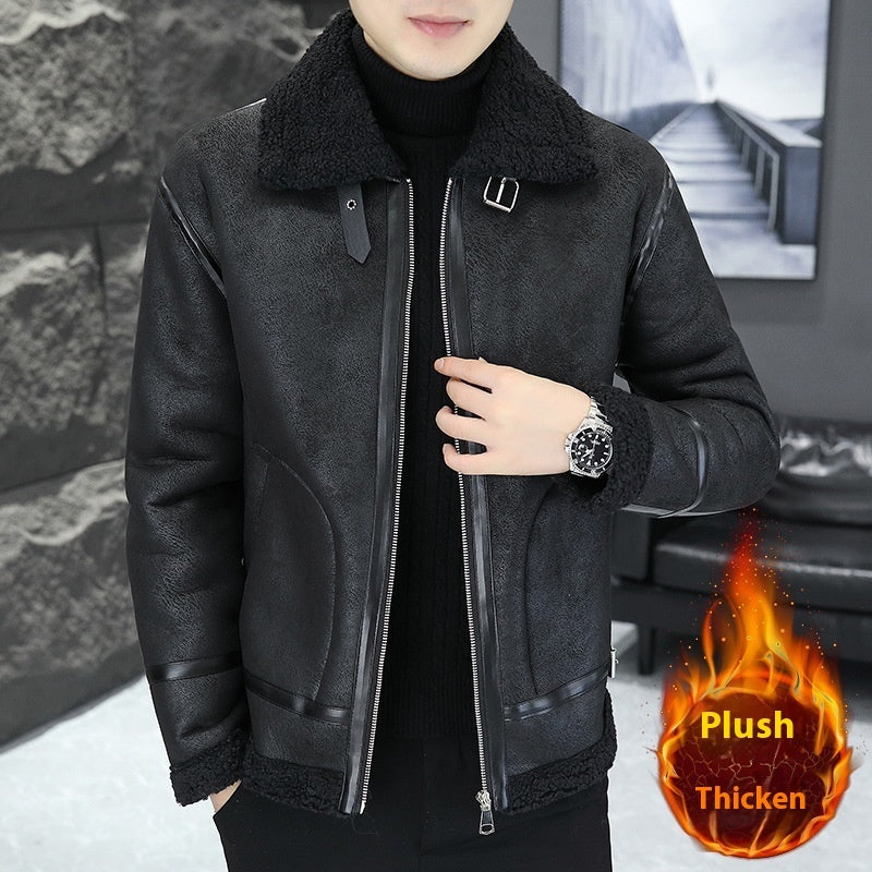 Men's Winter Fleece-lined Thick Suede Leather Jacket