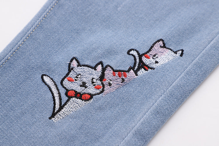 Fashion Embroidered Cat Denim Trousers For Women