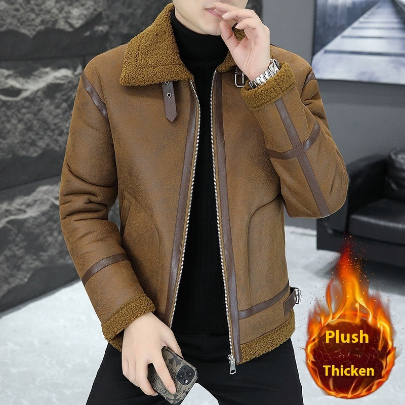 Men's Winter Fleece-lined Thick Suede Leather Jacket