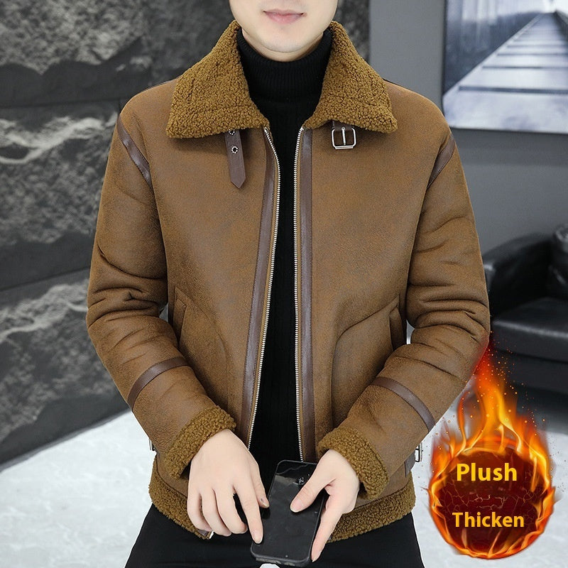 Men's Winter Fleece-lined Thick Suede Leather Jacket