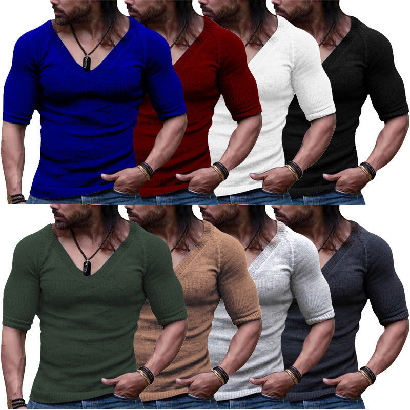 Men's Summer Slim V-neck Solid Color Thin Short Sleeve