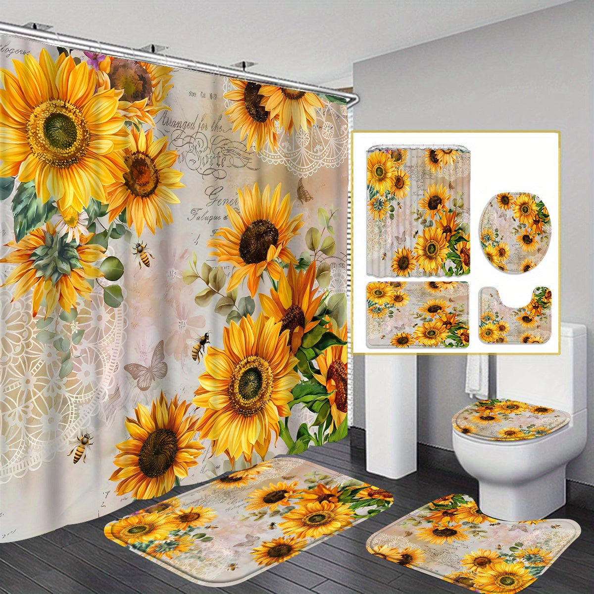 4pcs Sunlit Sunflower Shower Curtain Set  WaterRepellent  NonSlip Instantly Brightens Bathrooms  Perfect Modern Home Decor Gift with 12 Rustproof Hooks