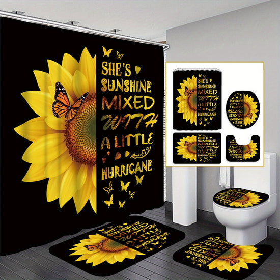 4pcs Sunflowers Shower Curtain Gift Modern Home Bathroom Decoration Curtain and Toilet Floor Mat 3piece Set with 12 Shower Curtain Hooks