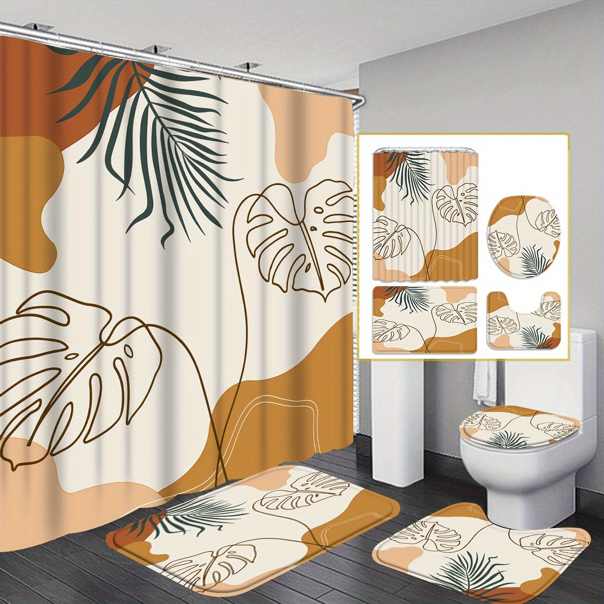 4pcs Modern Leaf Printing Shower Curtain Gift Modern Home Bathroom Decoration Curtain and Toilet Floor Mat 3piece Set with 12 Shower Curtain Hooks