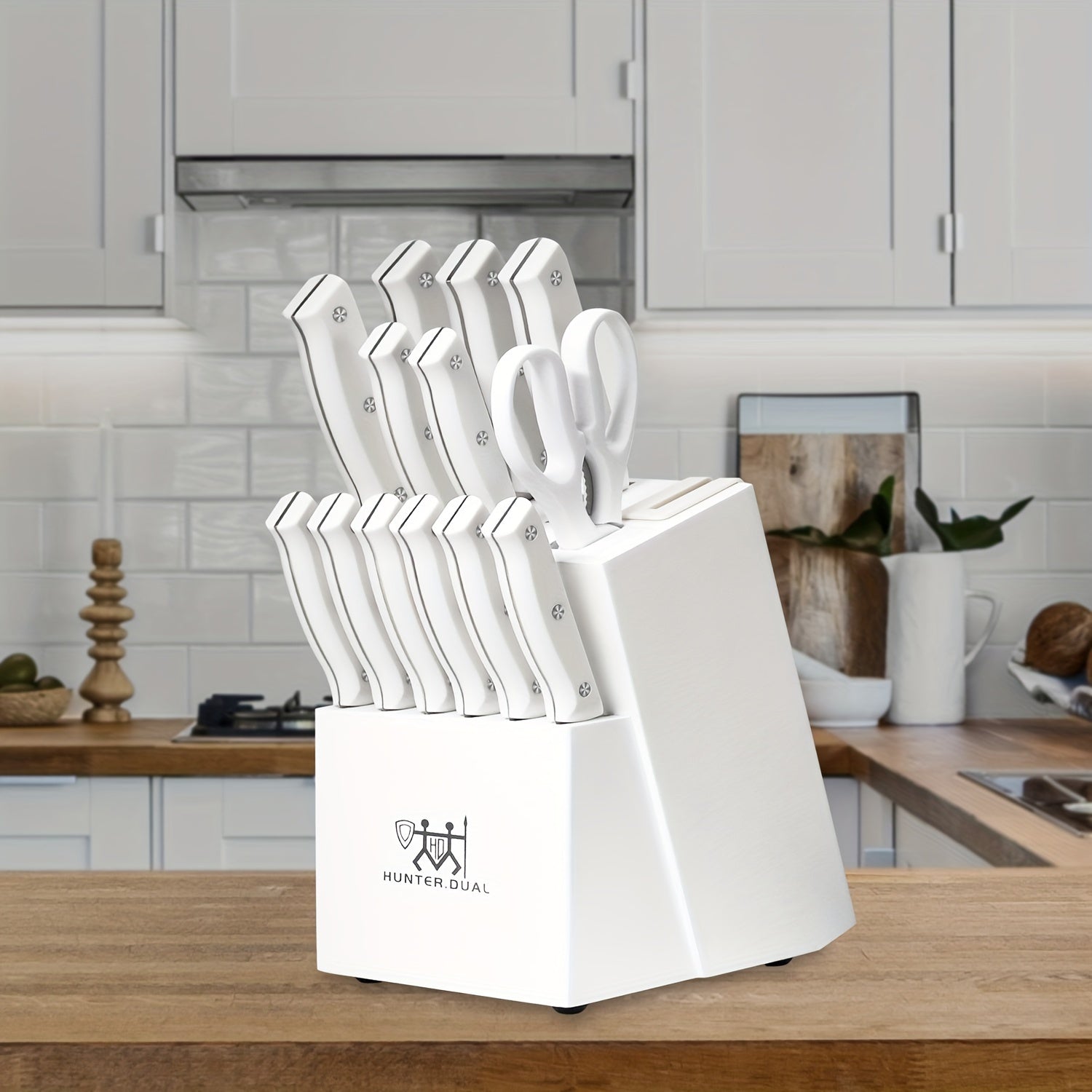 15Piece White Knife Set with Stand  BuiltIn Sharpener German Stainless Steel Ideal for Home Chefs