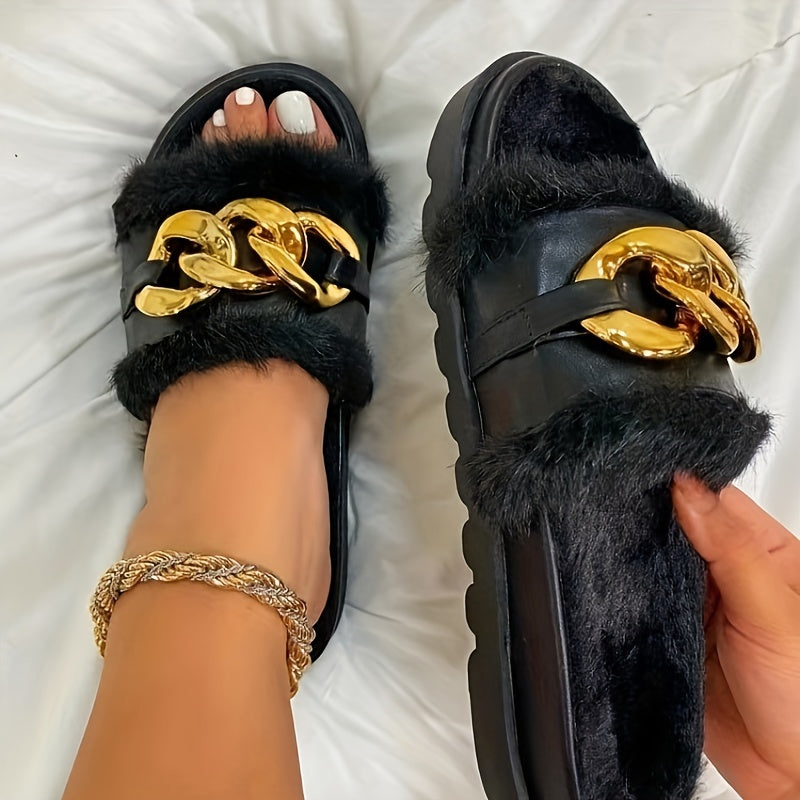 Womens Woolen Open Toe Slippers With Plush Lining Autumn And Winter Flat Sole Thick Warm Home Slippers With Golden Chain Accent