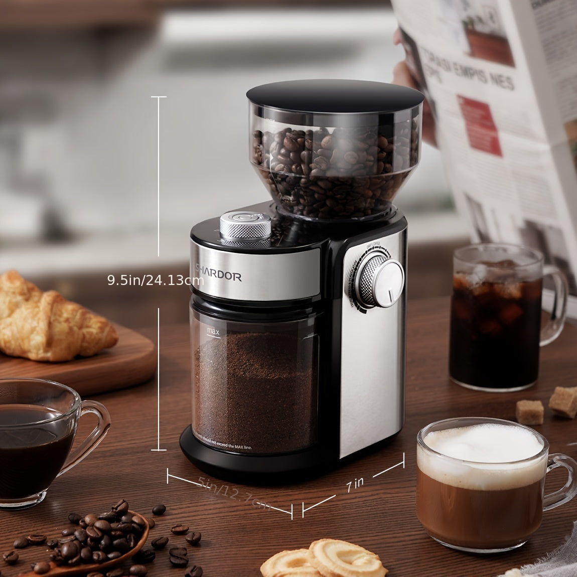 120V SHARDOR Conical Burr Coffee Grinder  Stainless Steel  Plastic Construction Adjustable Grind Size Easy Cleaning  US Plug Perfect for Home Use