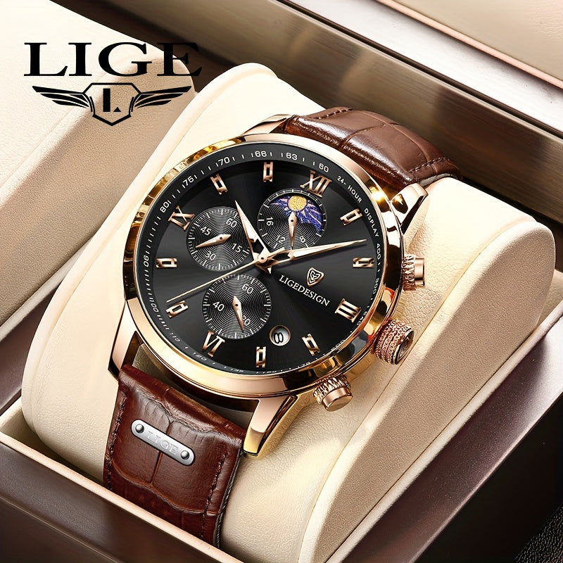 LIGE Mens Waterproof Sports Watch  Premium Leather Strap Chronograph Luminous Dial Calendar Quartz  Ideal Outdoor Adventure Gift for Him  Christmas Edition